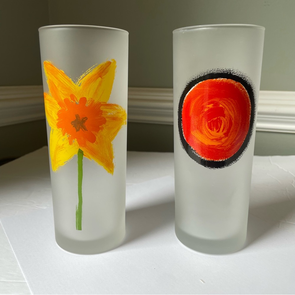 Two Dartington Designs Frosted Highball Glasses France Daffodil Tom Collins